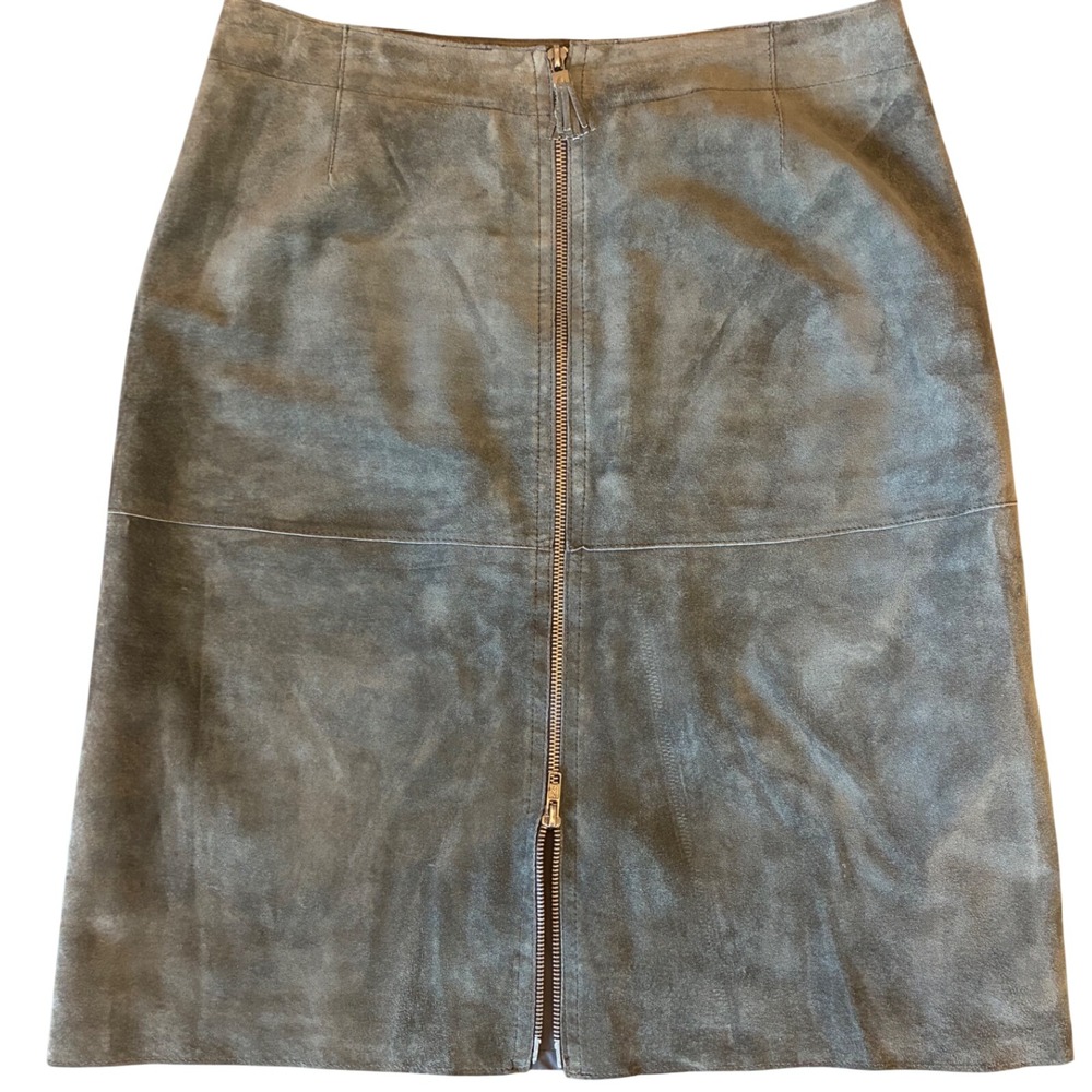 Genuine Leather Olive Green Zip Front A-Line Skirt Women's Size 8 Isaac Mizrahi - Picture 3 of 7